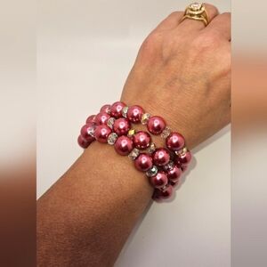 🟢3/$19🟢 Pink Pearl Aurora Borealis Crystal Memory Wire Statement Bracelet